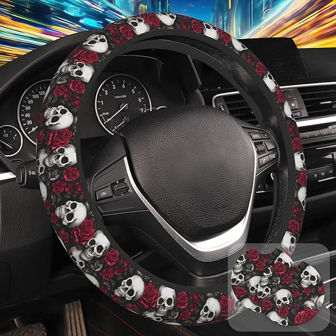 Skull and Rose Steering Wheel Cover for Women, Anti-Slip Car Steering Wheel Cover with 2 Pcs Cup Holders Neoprene Breathable Car Accessories Universal 15 Inch Auto Interior Decor