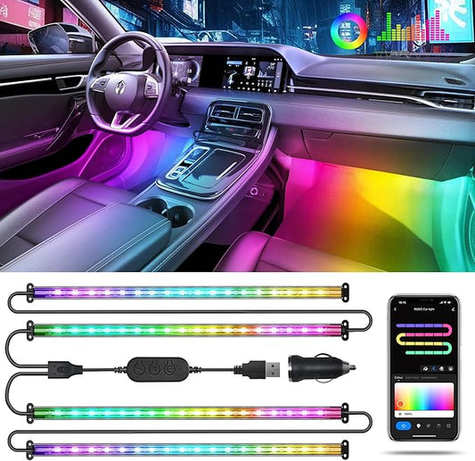 Pak Car LED Lights, Smart RGB+IC 72 LED Car Interior Light, 16 Million Colors Strip Light, APP Control, Music Mode, Scene Modes, 2 Lines Design with Car Charger, Under Dash Lighting for SUVs, Trucks