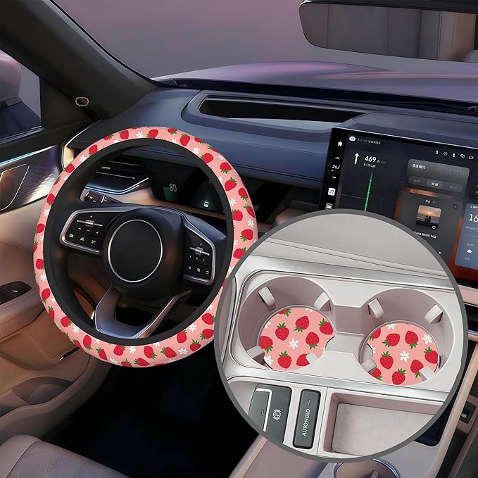 Strawberry and Flower Steering Wheel Cover for Women, Anti-Slip Car Steering Wheel Cover with 2 Pcs Cup Holders Neoprene Breathable Car Accessories Universal 15 Inch Auto Interior Decor