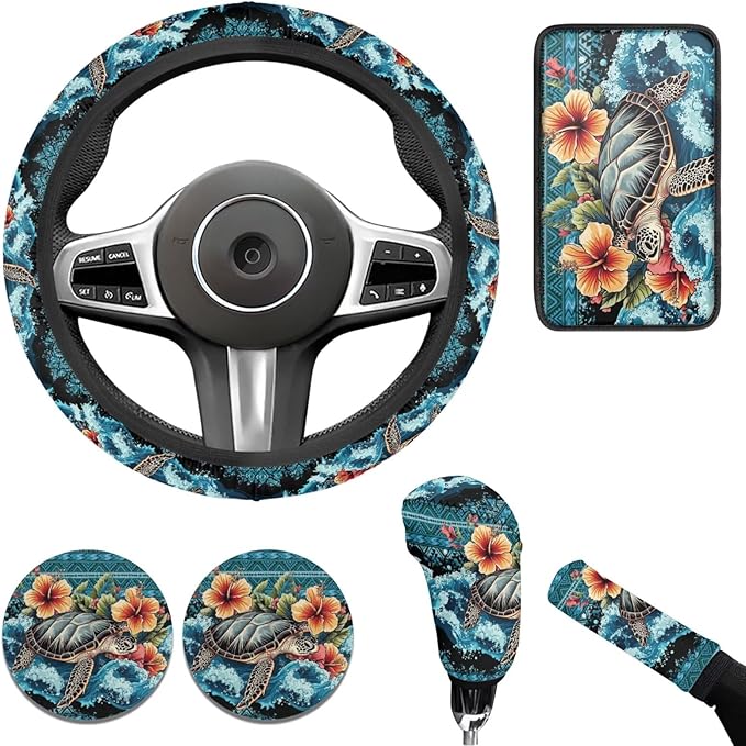 Boho Sea Turtle Car Accessories for Men Women Cute Steering Wheel Cover Flower Cup Coaster Handbrake Cover Fit Vehicles,Sedans, SUVs,Vans,Trucks 6 PCS