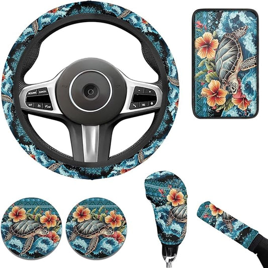 Boho Sea Turtle Car Accessories for Men Women Cute Steering Wheel Cover Flower Cup Coaster Handbrake Cover Fit Vehicles,Sedans, SUVs,Vans,Trucks 6 PCS