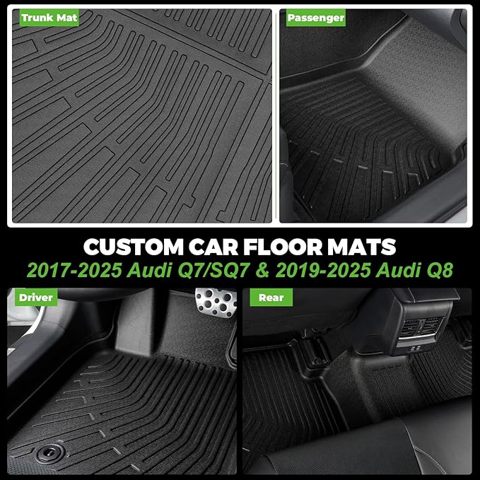 Floor Mats & Cargo Liner Set Custom Fit for 2017-2025 Audi Q7/SQ7 & 2019-2025 Q8 All Weather Protection for Car Mats Anti-Slip TPE Odorless Floor Liners Audi Q7 Accessories Waterproof Trunk Mat