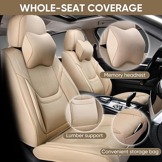 Auto Car Seat Covers Accessories Full Set Leather Cushion Protector Breathable Waterproof Seat Cover for Cars Universal Fit (Beige, Front Pair and Rear)