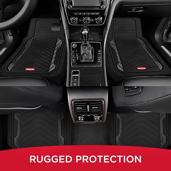 Rubbermaid Car Floor Mat, Heavy Duty All-Weather Car Mats Full Set with Dual-Tone Black Aluminum Inserts – Universal Fit, Anti-Slip Backing, Trim-to-Fit for Most SUV, Sedan, Van