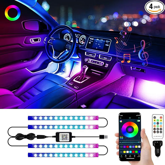 YM E-Bright RGB Car Led Strip Lights with App Control Remote Smart Interior Neon Under Dash Footwell with Car Charger USB Powered DIY Mode Music Sync Multicolor Change 2 Lines Design