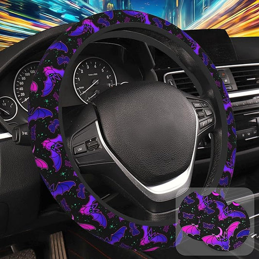 Purple Bat on Starry Sky Steering Wheel Cover with 2 Pcs Car Coasters Neoprene Steering Wheel Cover for Women Men Anti-Slip Breathable Car Accessories Universal 15 Inch Fit Auto Cars Trucks