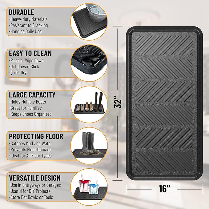 Ottomanson Heavy Duty Rubber Floor Mat – Non-Slip, Waterproof, Easy to Clean – Boot Tray Utility Mat for Shoes, Boots, Entryway, or Pet Feeding Area – Durable, Hose Washable – 16" x 32", Black