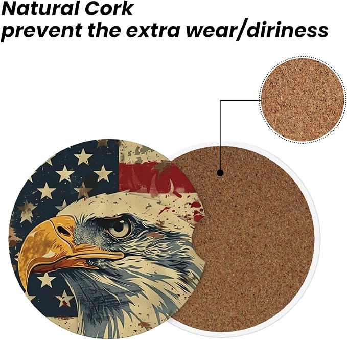 Absorbent Car Coasters for Cup Holders, 2 Pack Universal Anti Slip Ceramic Cup Coaster for Women Men 2.56 Inch Car Interior Accessories - Vintage Bald Eagle American Flag 012