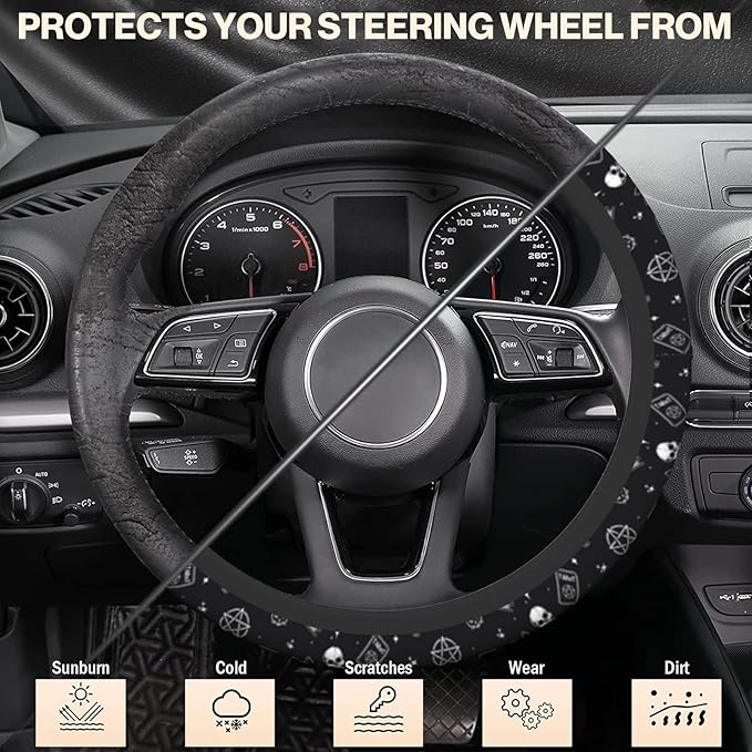 Gothic Skull Cat Steering Wheel Cover for Women, Cute Breathable Anti Slip Stretch Neoprene Car Protector Accessories Universal 15 Inch-Black (Tarot, Spell Book)