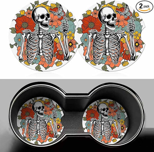 Skeleton Wildflower Car Cup Holder Coaster 2 Pack Absorbent Ceramic Car Coasters for Cup Holders Car Accessories Interior for Women Men Universal Anti Slip Cork Base Cup Coasters with Finger Notch
