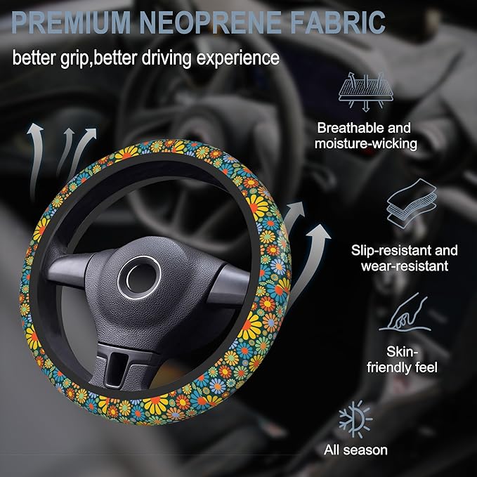 Vintage Groovy Boho Floral Car Steering Wheel Cover for Women Men with 2 Pcs Car Coasters,Universal 15 Inch Steering Wheel Covers Anti-Slip and Practical Auto Accessories Fit Auto,Suvs