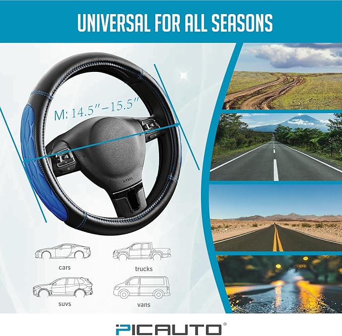 PIC AUTO Steering Wheel Cover, Blue Thick Rhombic Foam and Premium Leather, Universal 14.5-15.5 Inch Breathable Anti-Slip Steering Wheels Accessories for Men & Women