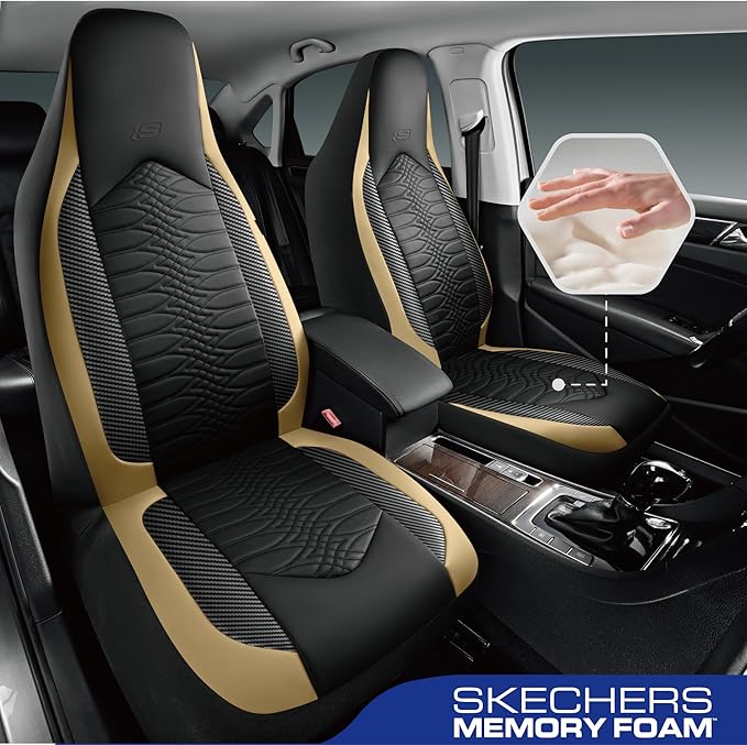 Skechers Memory Foam Car Seat Covers, Leather High Back Seat Covers Quilting Design,Waterproof Sports Car Seat Covers Full Sets,Airbag Compatible, Universal Fit for Most Cars, SUVs,Trucks,Beige