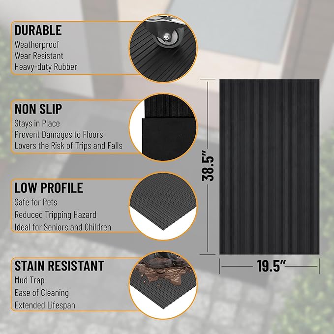 Ottomanson Heavy Duty Rubber Floor Mat – Non-Slip, Waterproof, Easy to Clean – Utility Rug for Entryway, Kitchen, Garage, or Patio – Stain Resistant, Hose Washable – 20" x 39", Black