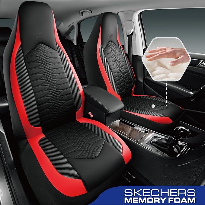 Skechers Memory Foam Car Seat Covers, Leather High Back Seat Covers Quilting Design,Waterproof Sports Car Seat Covers Full Sets,Airbag Compatible, Universal Fit for Most Cars, SUVs,Trucks,Red