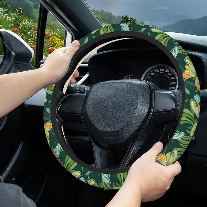 Tropical Butterflies and Plants Steering Wheel Covers Universal 15 Inch Car Wheel Cover,Anti-Slip Breathable Car Accessories Protector Fit for Trucks,Sedans,SUVs,Vans