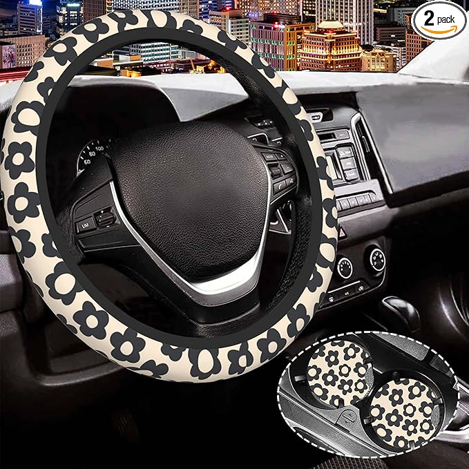 Vintage Black Flowers Steering Wheel Cover for Women Men,Anti-Slip Breathable Car Steering Wheel Cover Elastic Protection with 2 Pieces Car Coasters,Universal 15" Fit Auto,Suvs,Truck
