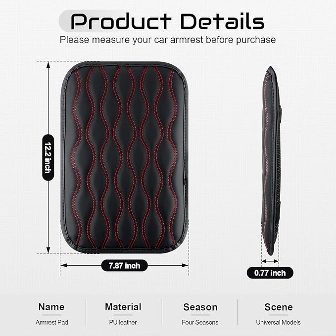 Amiss Auto Center Console Pad, Universal Waterproof Armrest Seat Box Cover, Car Interior Accessories, Leather Auto Armrest Cover Protector for Most Vehicle, SUV, Truck (Red Line)