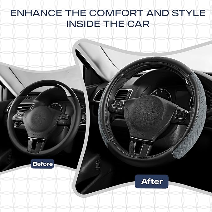 Skechers Steering Wheel Cover,Max Cushioning Leather Steering Wheel Cover Universal Fit 14" 1/2-15" Car Wheel Protector for Men Women Fit Suvs,Vans,Sedans,Car,Trucks,Gray