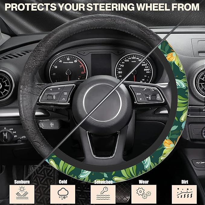 Tropical Butterflies and Plants Steering Wheel Covers Universal 15 Inch Car Wheel Cover,Anti-Slip Breathable Car Accessories Protector Fit for Trucks,Sedans,SUVs,Vans