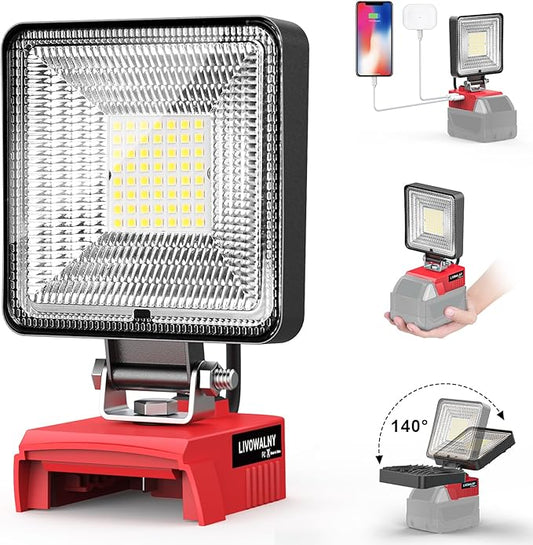 LIVOWALNY 27W LED Work Light Compatible with Milwaukee Battery, Portable 2700LM Flood Flashlight Tools 140° Adjustable Head with USB & Type C Output Port for Camping, Hiking, Construction, Emergency
