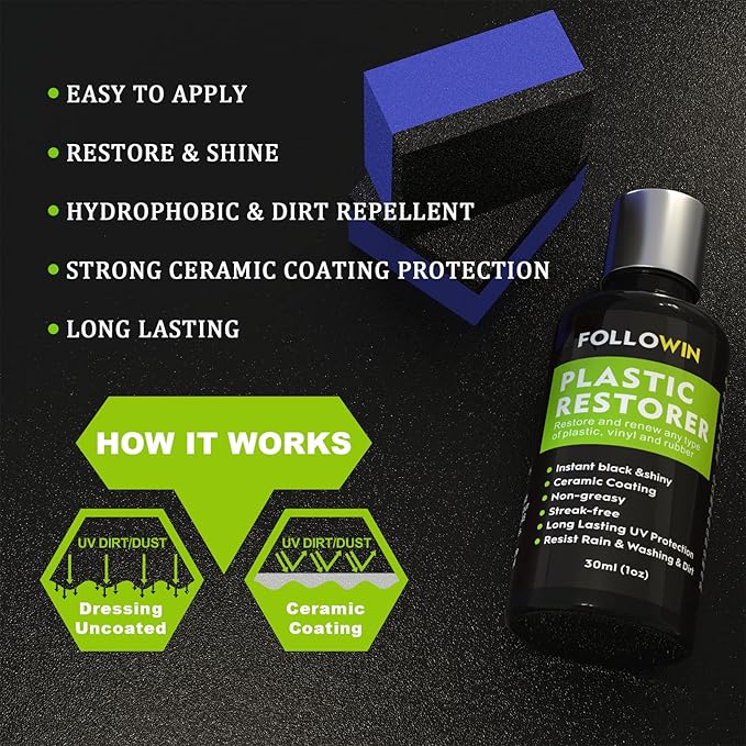 FOLLOWIN Plastic Restorer for Cars, Plastic Coating Exterior Black Trim Restorer, Ceramic Coating, Resists Water, Dirt, Not Dressing, Highly Concentrated, 60ml