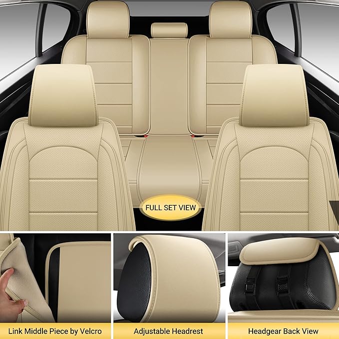 AOOG Leather Car Seat Covers with Car Backseat Organizer, Universal fit Automotive Vehicle Most Sedan SUV Pick-up Truck (Full Set, Beige)