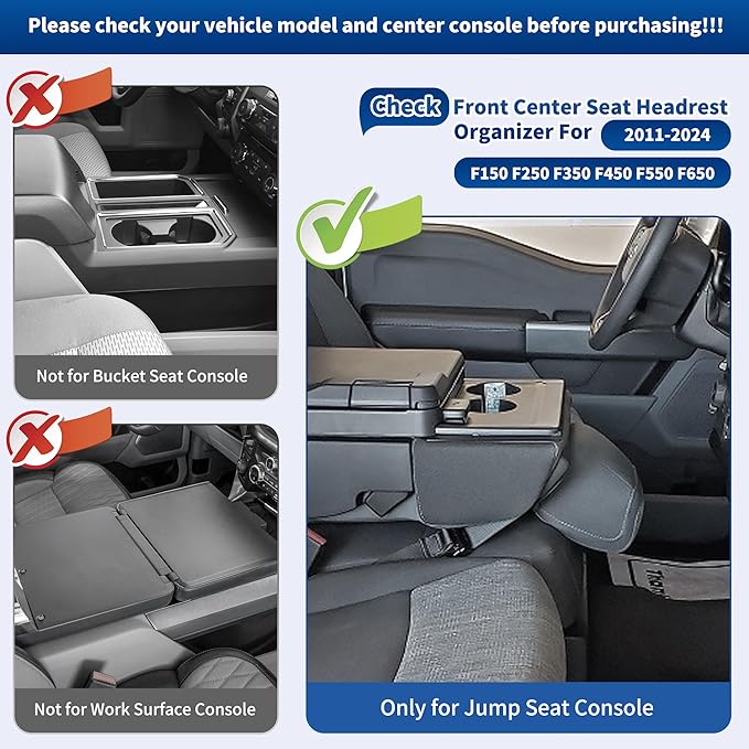 Upgraded Front Center Console Organizer Fit for 2011-2025 Ford F150 F250 F350 F450 F550 F650 Super Duty Accessories- Jump Seat Headrest Replacement with Cup Holder Tray (BLACK)