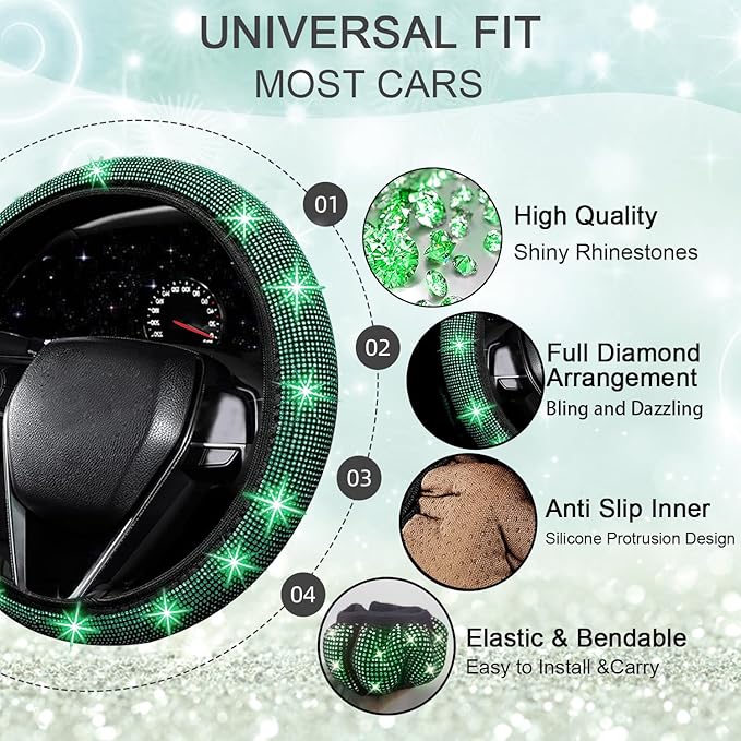 NBTEPEM 27 PCs Green Bling Car Accessories Set for Women, Steering Wheel Covers Universal Fit 15 Inch, Bling License Plate Frame, Bling Phone Holder, Bling Car Coasters (Green Diamond)