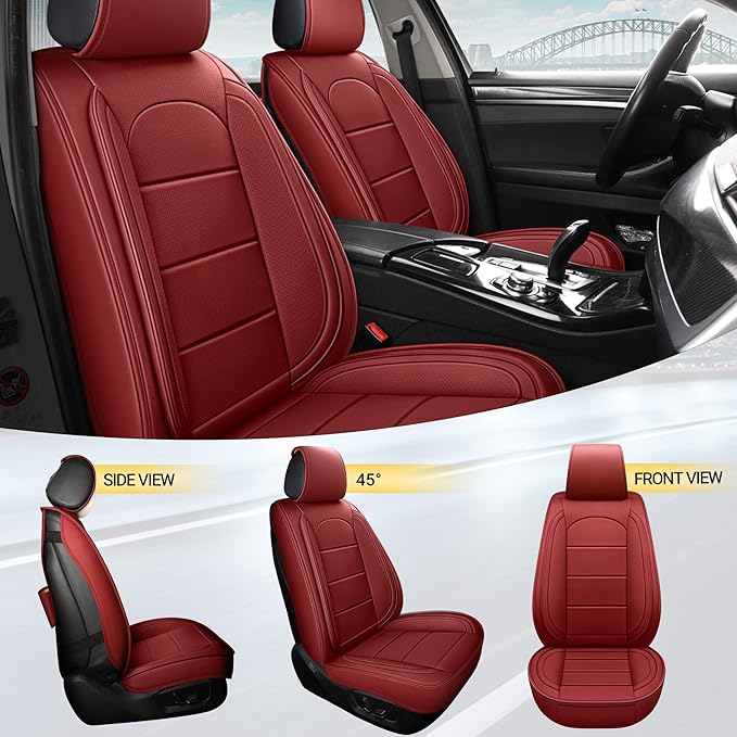 AOOG Leather Car Seat Covers with Car Backseat Organizer, Universal fit Automotive Vehicle Most Sedan SUV Pick-up Truck (Front Pair, Burgundy)