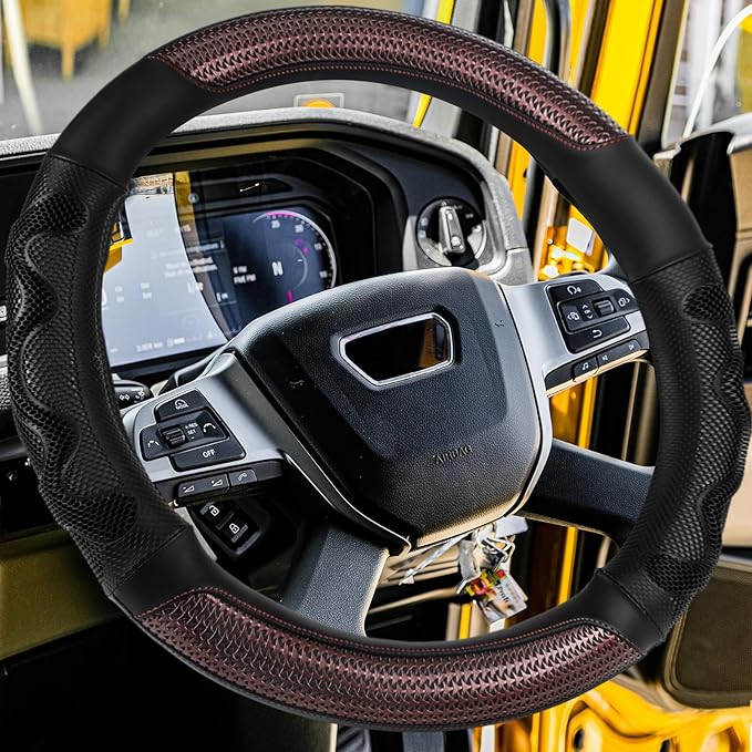 17.5-18 Inch Truck Steering Wheel Cover Leather Wheel Semi-Truck Comfy Grip Cover with 3D Honeycomb Anti-Slip Design Car Accessory, Fits RV, Big Rig and Classic Car(Black)