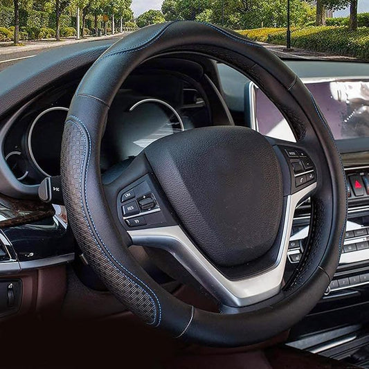 Valleycomfy Leather Steering Wheel Covers Universal 15.75 inch -Breathable, Anti Slip & Odor Free (Black with Blue Lines,L(15" 1/2-16"))