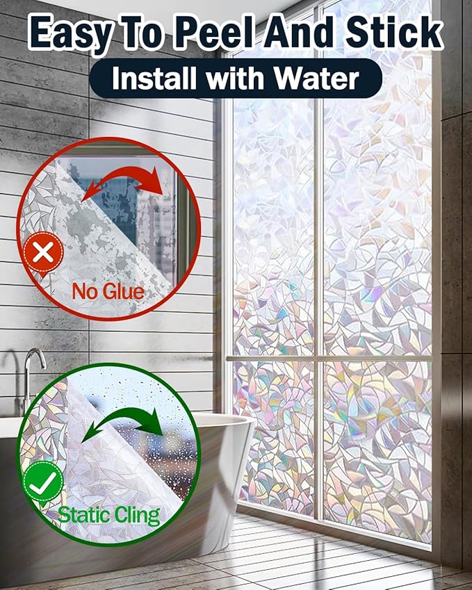 Rainbow Window Privacy Film with Installation Tools, 3D Decorative Vinyl, Stained Glass Decals, Removable, Peep-Proof, Static Cling, Heat Control (35.4 x 78.7 Inch)