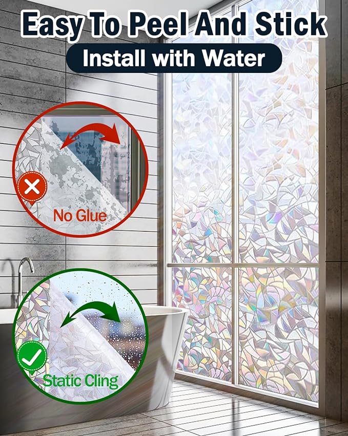 Rainbow Window Privacy Film with Installation Tools, 3D Decorative Vinyl, Stained Glass Decals, Removable, Peep-Proof, Static Cling, Heat Control (29.5 x 78.7 Inch)