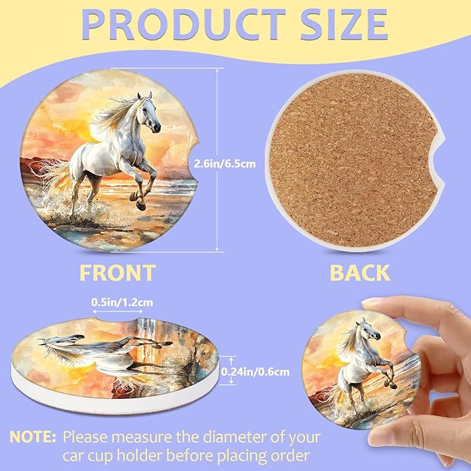 2 Pack Car Cup Holder Coaster-White Horse Running Absorbent Ceramic Coaster, Car Coasters for Cup Holders,Auto Accessories for Women & Men