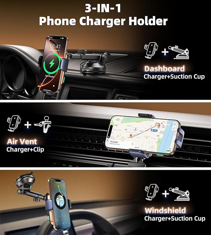 Dual Coil 15W Car Phone Holder Wireless Car Charger -Auto Clamping- Charging Phone Holders for Your Car Dash Vent Windshield, for Flip S25/S24/S23/S22, iPhone 17/16/15/14