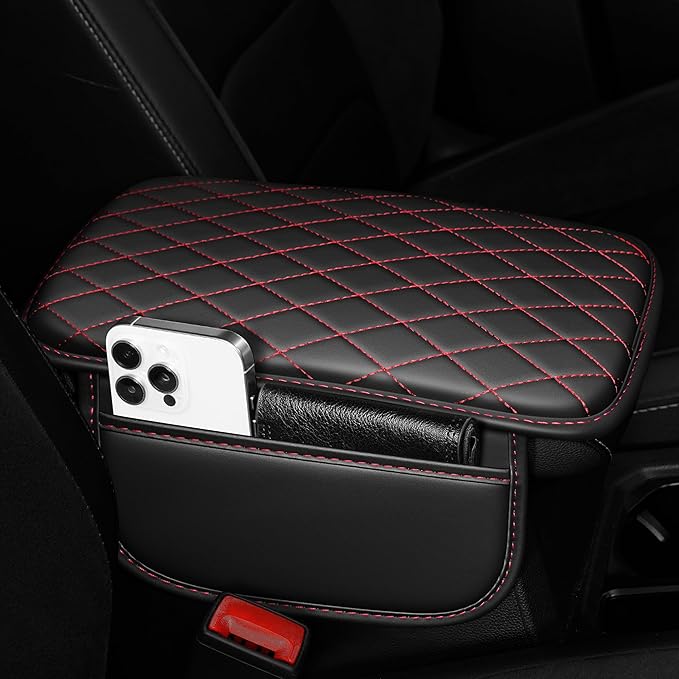 Car Armrest Cover Fit for Acura TSX Leather Center Console Cover Cushion with 2 Storage Bags(Black&Redline)
