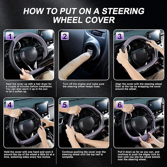 SEG Direct D Shaped Steering Wheel Cover for 14.5-15 inch Flat Bottom Wheels, Breathable Perforated Microfiber Leather, Anti-Slip Grip, Universal Fit for Cars & SUVs, Black and Light Purple