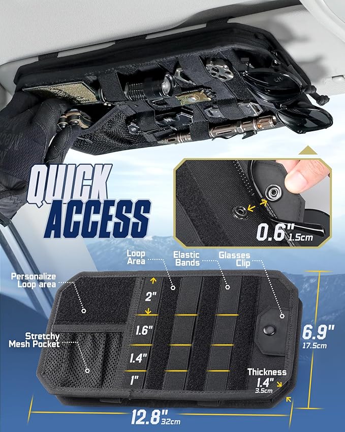 WYNEX Molle Car Sun Visor Organizer, Original Design Car Accessories with Zipper Visor Storage Pouch & Glasses Clip, Semi-Rigid Molle Panel for Tactical Gears, Fits Most Vehicles, SUVs, Trucks