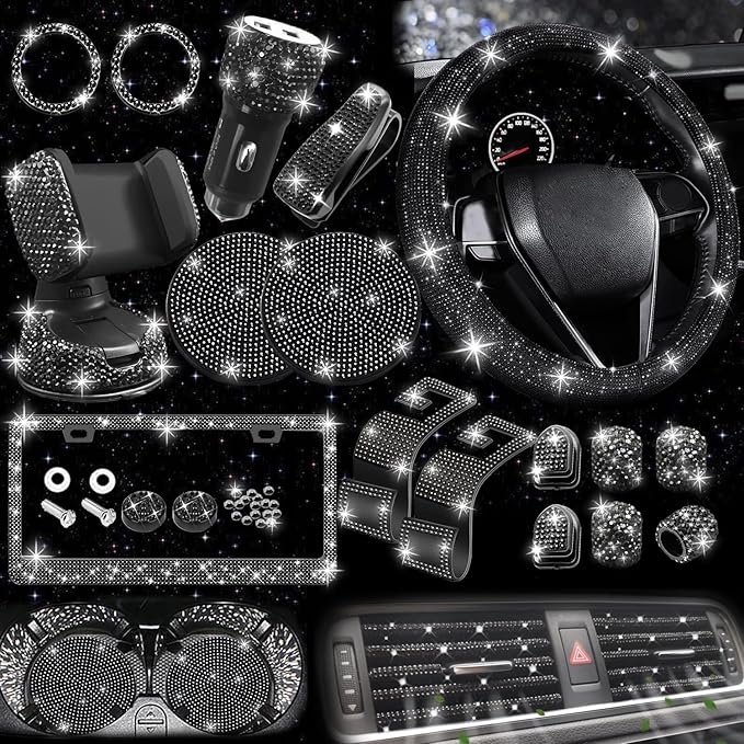 NBTEPEM 27 PCs Black Bling Car Accessories Set for Women, Steering Wheel Covers Universal Fit 15 Inch, Bling License Plate Frame, Bling Phone Holder, Bling Car Coasters (Black Diamond)