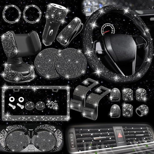 NBTEPEM 27 PCs Black Bling Car Accessories Set for Women, Steering Wheel Covers Universal Fit 15 Inch, Bling License Plate Frame, Bling Phone Holder, Bling Car Coasters (Black Diamond)