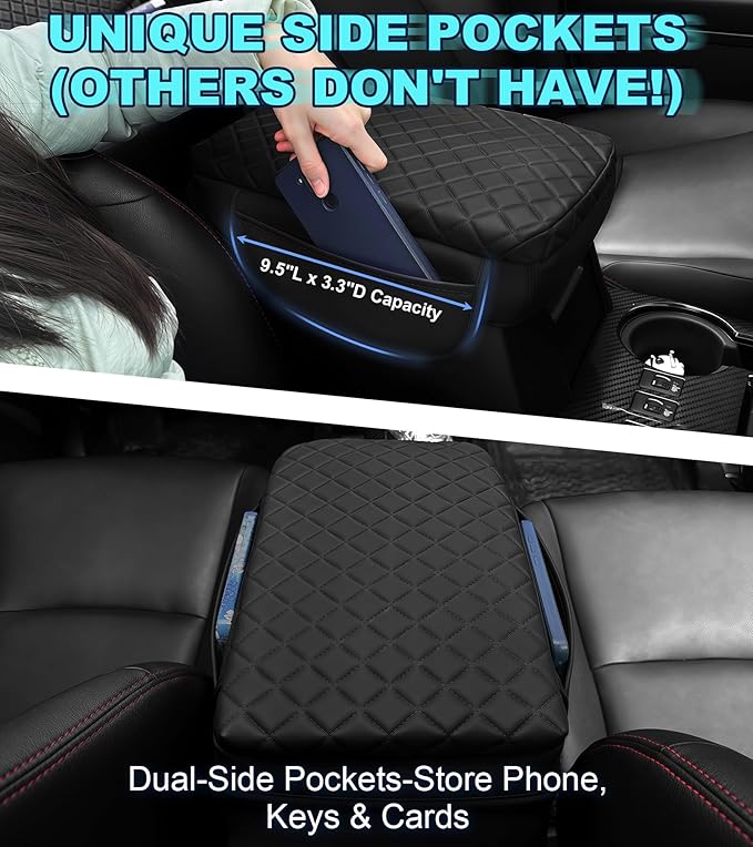 Armrest Cover for Toyota 4Runner Center Console Pad with Organizer Storage Pockets, Black Faux Leather Arm Rest Lid Protector Cushion Interior Accessories (2010-2024)