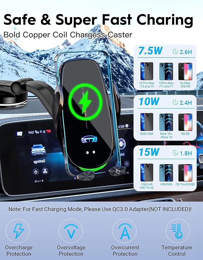 Wireless Car Charger Mount, Fast Charging Auto Clamping 15W Intelligent Dual Control Induction Car Phone Holder Mount Wireless Charging Compatible with All iPhone Android Smartphone