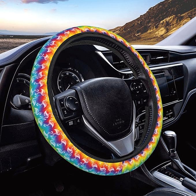 Dujiea Colorful Flamingo Elastic Stretch Steering Wheel Cover, Anti-Slip and Durable Car Steering Wheel Accessories for Women Men, 15 Inch Universal Fit Car, Truck, SUV