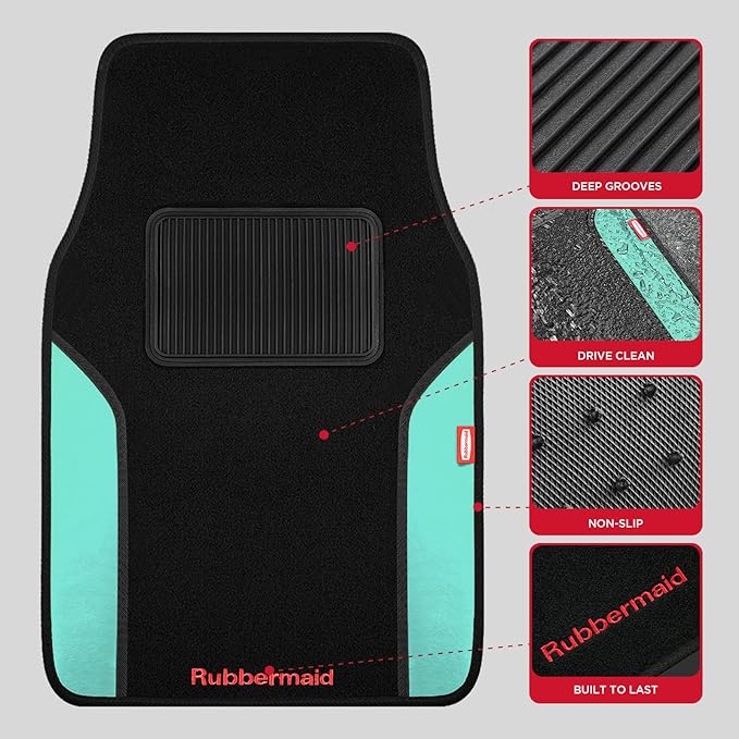 Rubbermaid Car Mats, Carpeted Floor Car Mat with Faux Leather & Built-in Heel Pad, Two-Tone Car Rug Floor Mats, Stylish Carpeted Floor Mats for Cars, Trucks & SUVs Mint Color