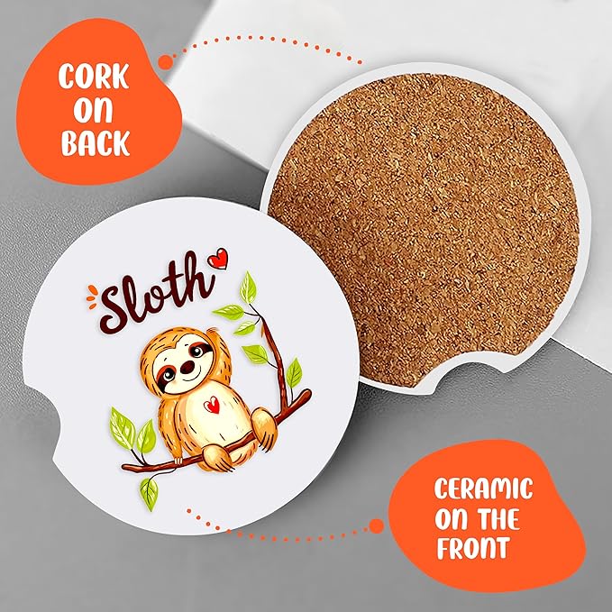 2 Pack Sloth Car Cup Holder Coaster, Cute Car Interior Accessories Drink Coaster for Women & Men, Sloth Lovers Themed Gifts Stuff Accessories Things Merchandise Items!