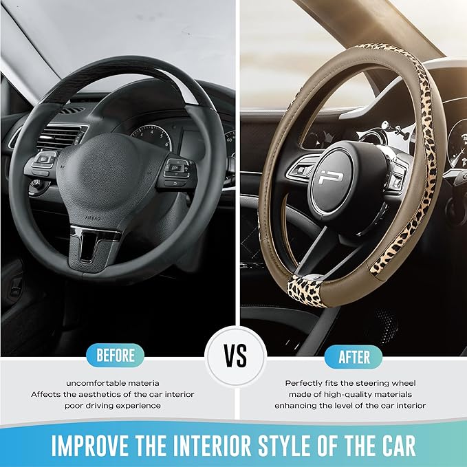 Road Comforts Steering Wheel Cover - Made with PVC Leather and Leopard Fabric - Universal 14 1/2 inches to 15 inches for Most Automotive Steering Wheel - Cheetah Print -Beige