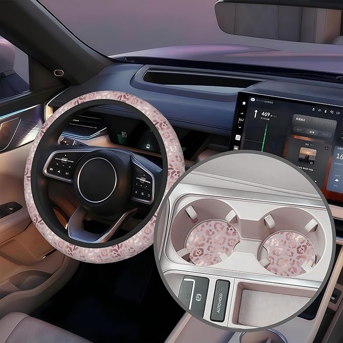 Rose Gold Leopard Print Steering Wheel Cover with 2 Pcs Car Coasters Neoprene Steering Wheel Cover for Women Men Anti-Slip Breathable Car Accessories Universal 15 Inch Fit Auto Cars Trucks