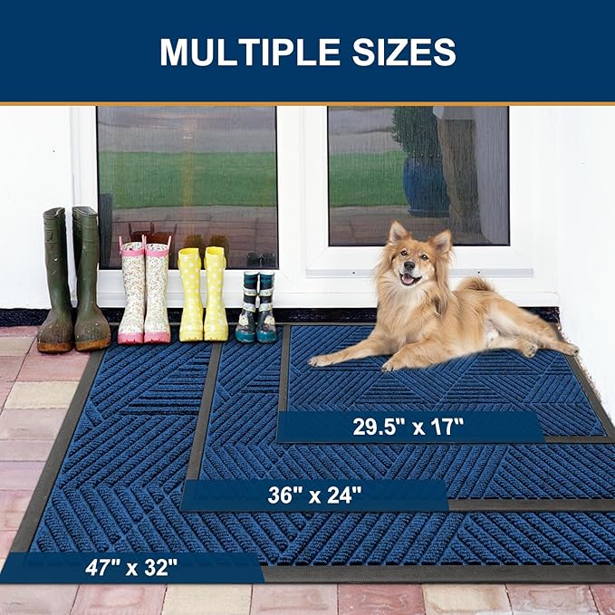 Smiry Front Door Mat Outside Entrance, Heavy Duty Sturdy Natural Rubber Doormat, Trap Dirt and Moisture, Easy Clean Low Profile Mats for Indoor Outdoor Entry, Irregular Triangle (36x24, Medium Blue)