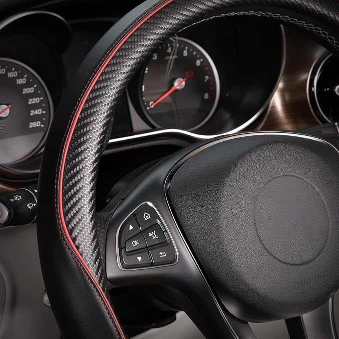 SEG Direct Car Steering Wheel Cover Universal Standard Size 14 1/2"-15" Leather with Carbon Fiber Pattern Black and Red